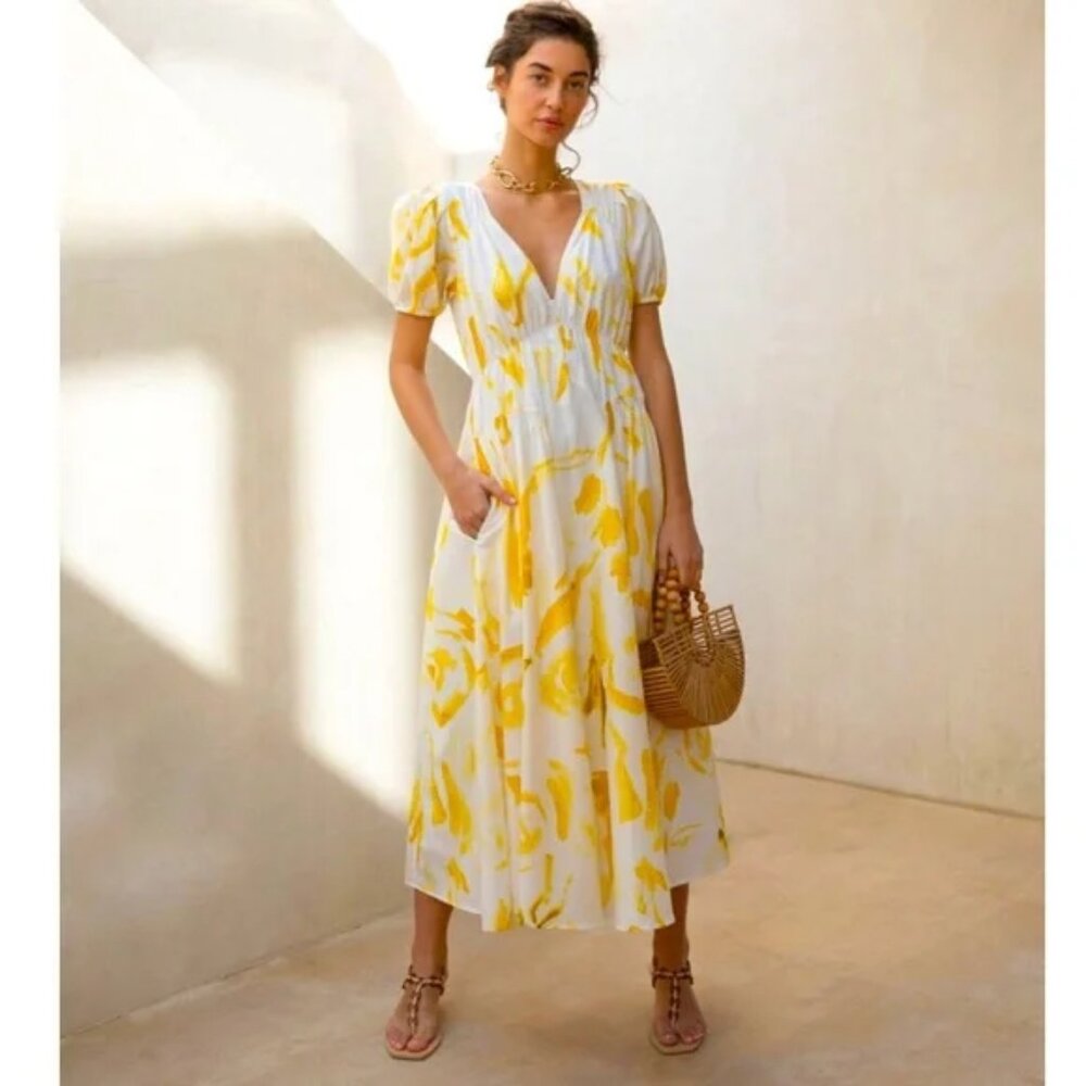 Cult Gaia Elise Dress in Yellow Silk-Cotton Floral Print Size M NWOT